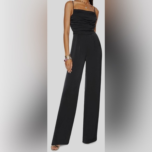 Ramy Brook Black Satin Ezra Jumpsuit size 8 wide leg designer classic piece - Picture 2 of 12